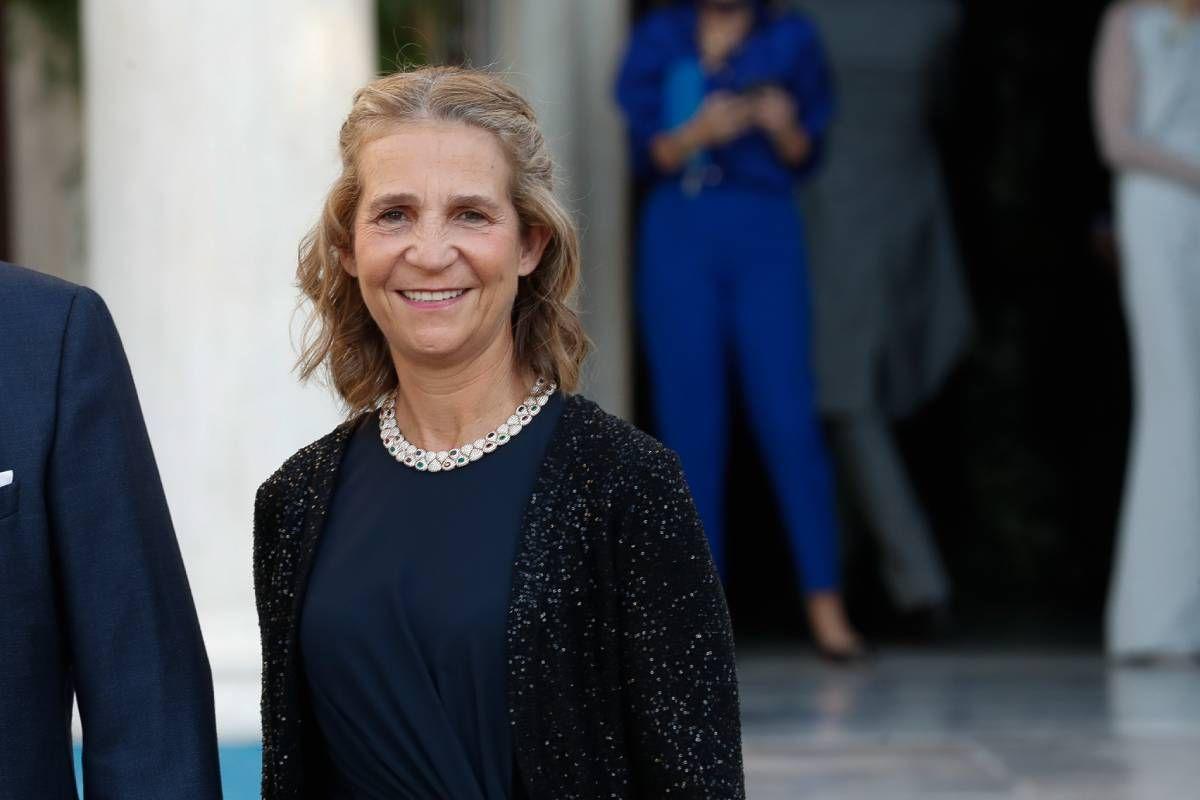 La infanta Elena a su llegada a la boda de Philippos de Grecia y Nina Flohr