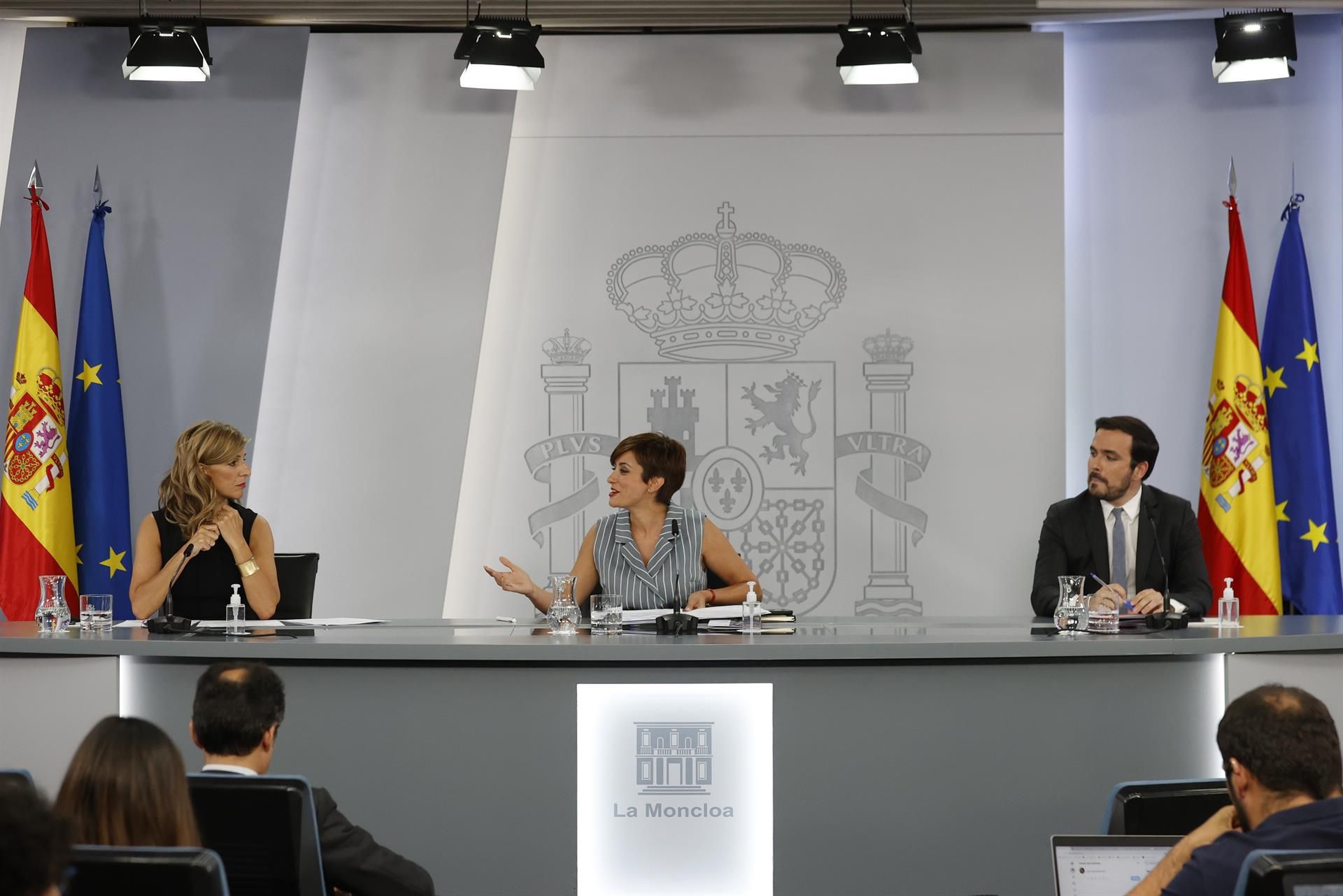 Yolanda Díaz, Isabel Rodríguez y Alberto Garzón, en Consejo de Ministros.