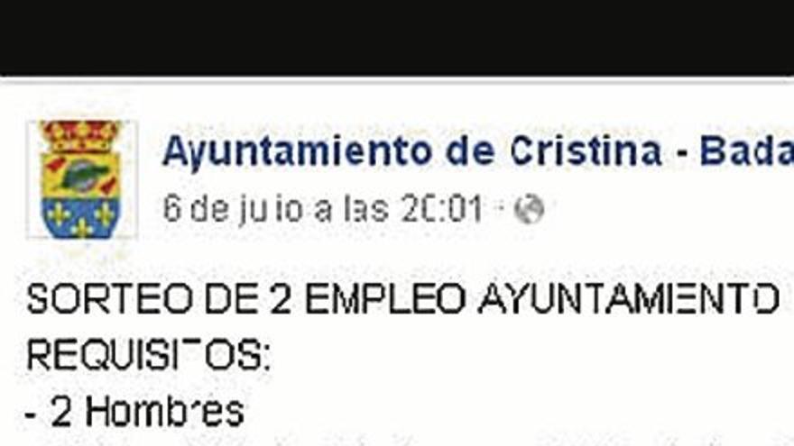 Retiran la oferta de empleo del Ayuntamiento de Cristina en la que sólo se aceptaban hombres