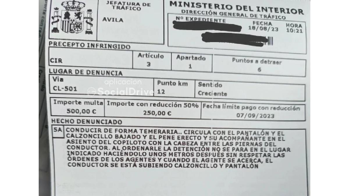Imagen de la multa que le impusieron al conductor y en la que se pueden leer los motivos de la misma.