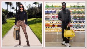 Kim Kardashian con la bolsa de cartón de Erewhon x Balenciaga, y un modelo con la sudadera de la misma colección.