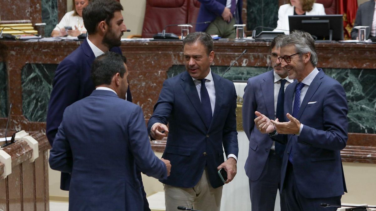 Varios consejeros del Consejo de Gobierno charlan animadamente con los portavoces del Grupo Parlamentario Vox