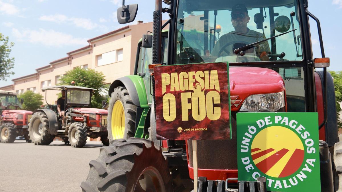 Protesta d’Unió de Pagesos per demanar solucions a la crisi d’excedents de la vinya, amb cartells de ‘Pagesia o foc’.