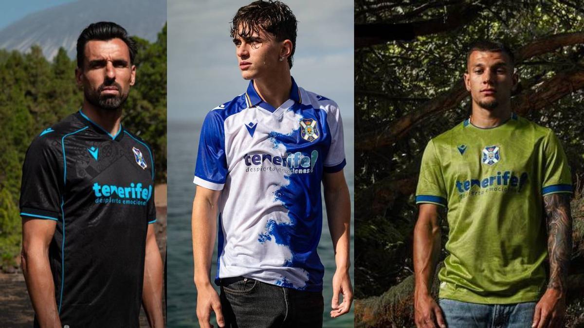 Enric Gallego, Dani Fernández y César Álvarez, con los tres uniformes.