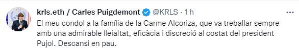 L&#039;expresident de la Generalitat Carles Puigdemont s&#039;ha fet ressò del decés a través de Twitter
