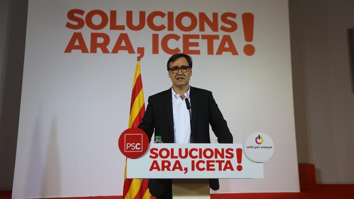 El secretario de organización y director de campaña del PSC, Salvador Illa, este jueves, en la sede del partido, en Barcelona.