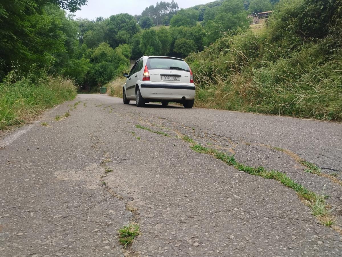 Zona de grietas en la calzada de la SL-7 entre Cermoño y Ovanes, en Salas.