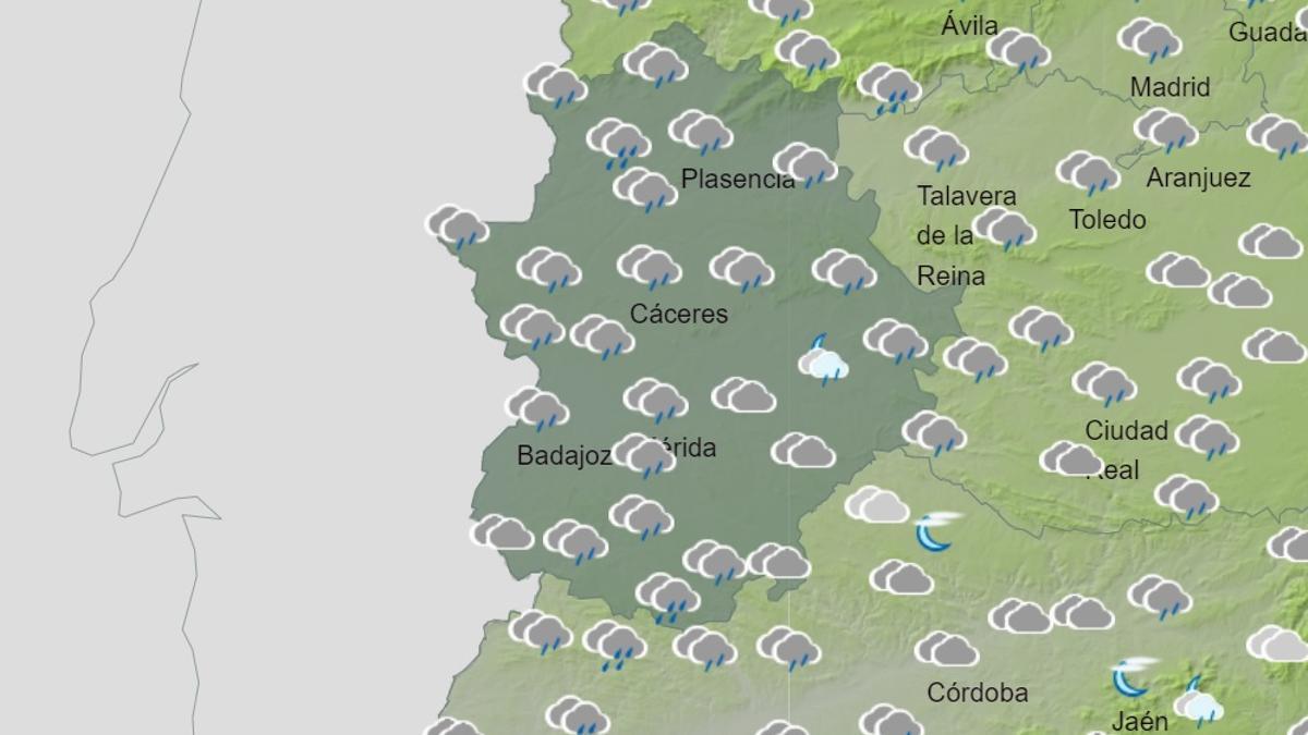 Mapa de la AEMET de la previsión de lluvia de las próximas horas en Extremadura.