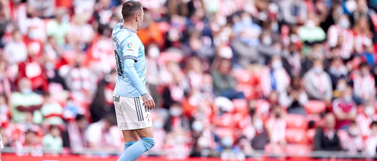 Aspas celebra su último gol en San Mamés.