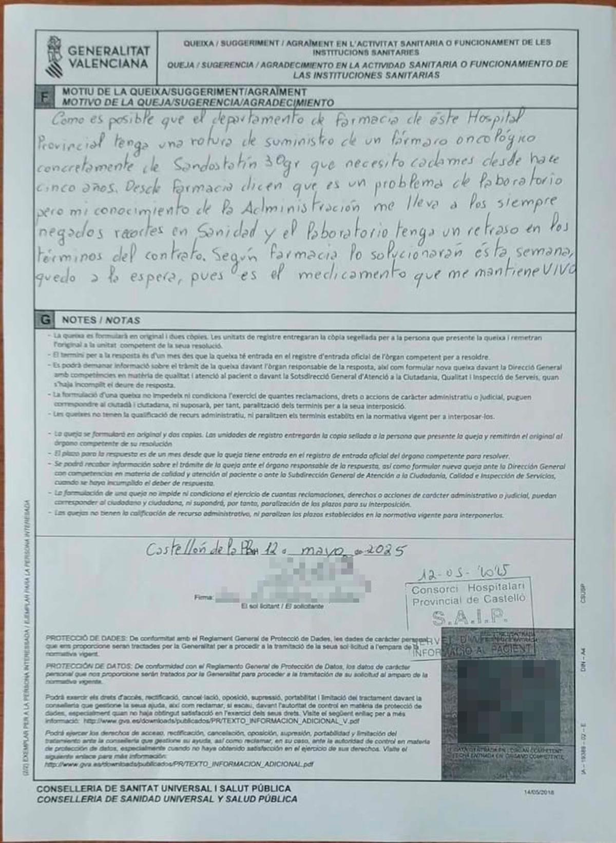 Imagen de la queja presentada por el afectado.