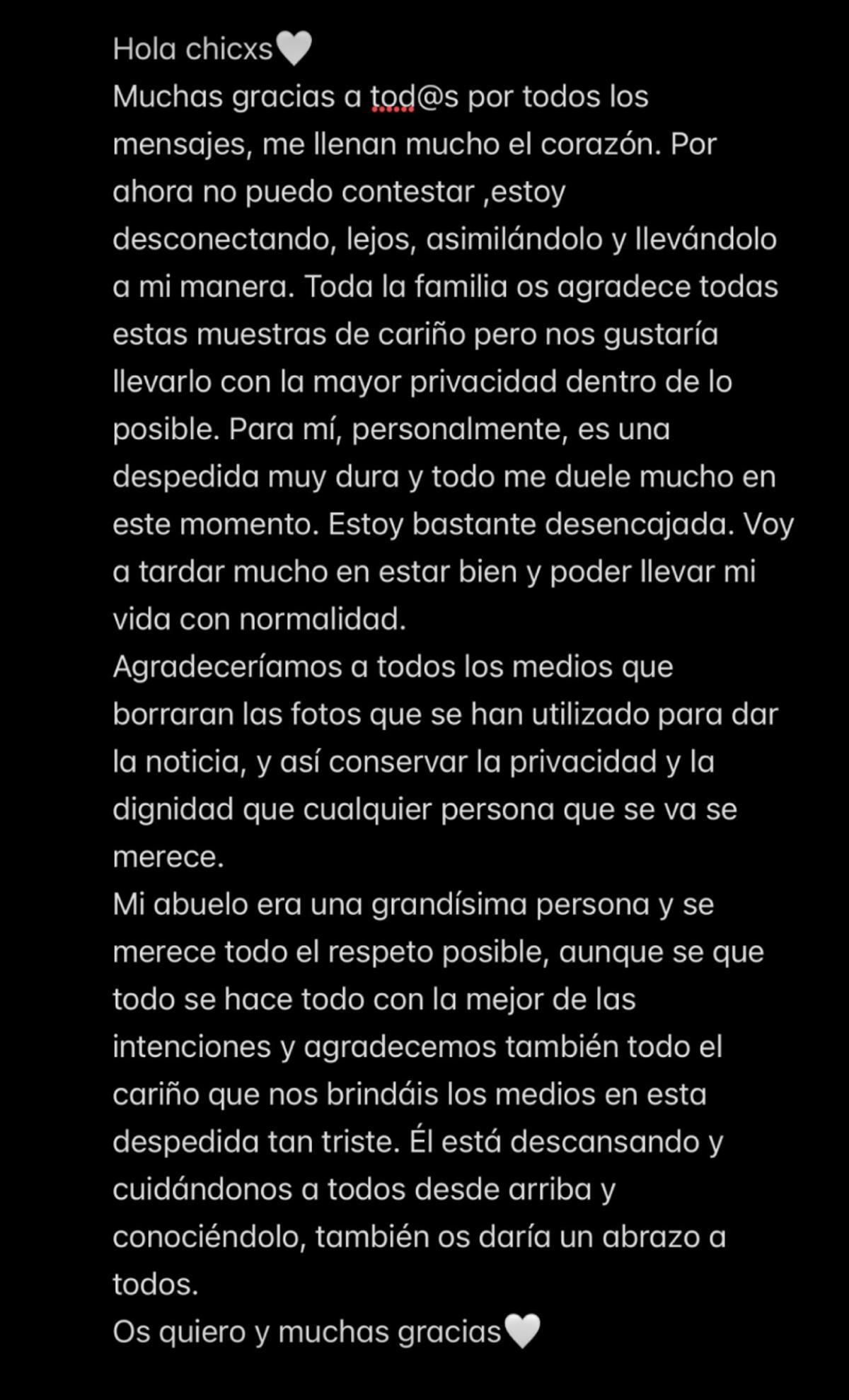 Lucía Rivera habla de la muerte de su abuelo