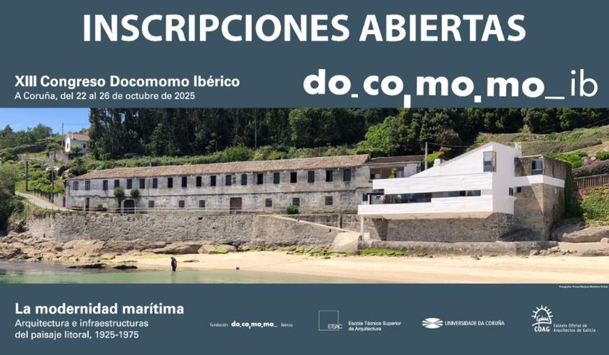 El cartel para el XIII Congreso Docomomo Ibérico, que se celebrará en A Coruña y para cuyo cartel se escogió una foto de la &quot;casa barco&quot; de A Roiba, en Beluso.