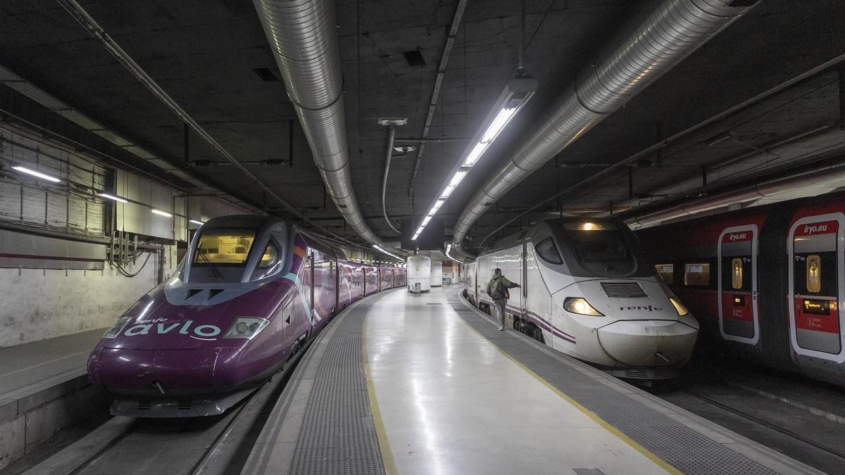 Trenes de alta velocidad de Ouigo, AVE y Iryo, comparten vías, en la estación de Sants, la semana pasada
