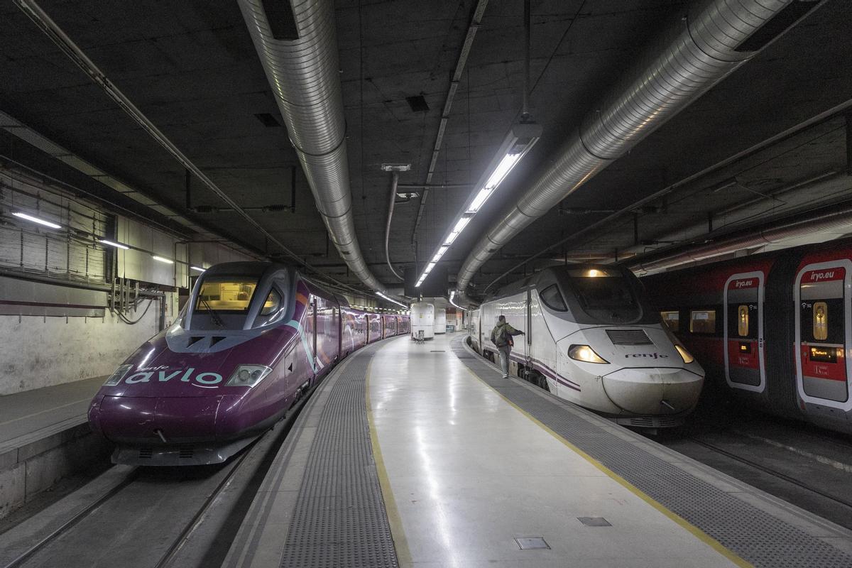 Trenes de alta velocidad de Ouigo, AVE y Iryo, comparten vías, en la estación de Sants, la semana pasada