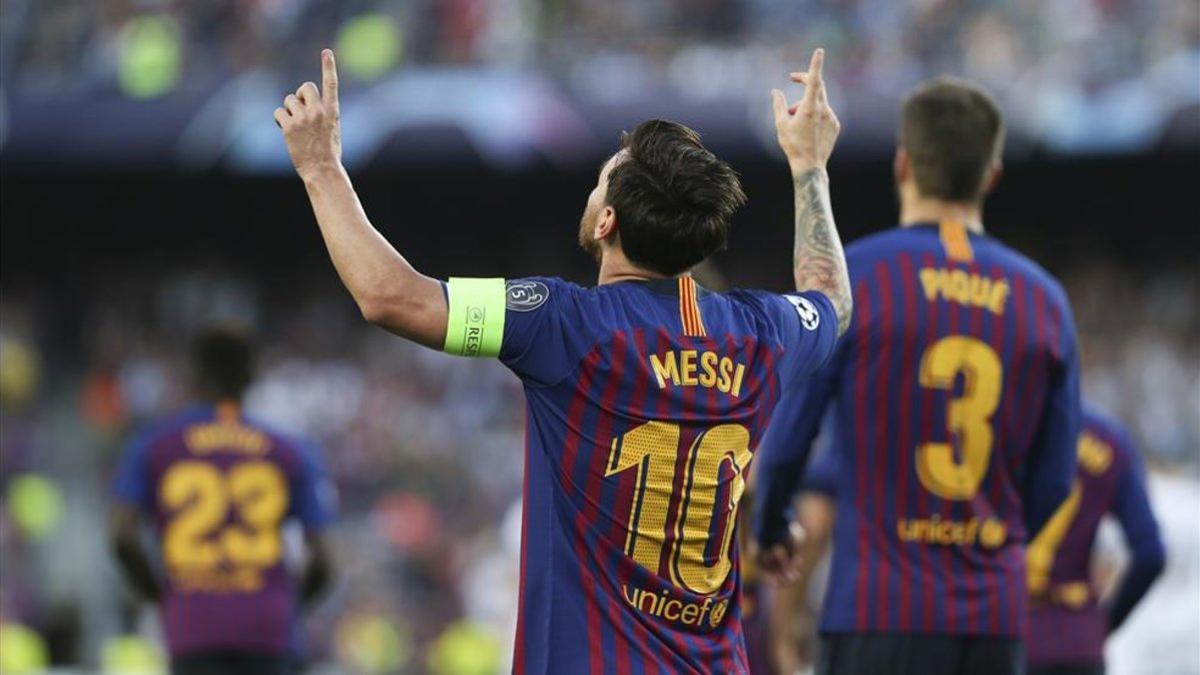 Leo Messi celebra su hat-trick en la primera jornada de la Champions 2018-19 ante el PSV