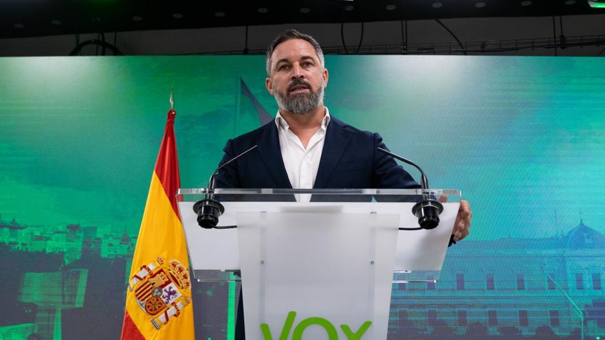 El líder de Vox, Santiago Abascal, durante una rueda de prensa en la sede de su partido