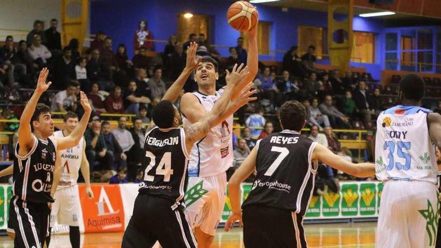 Iza lanza un gancho ante Ferguson en el partido jugado ayer entre Aquimisa Laboratorios Queso Zamorano y HLA Lucentum.