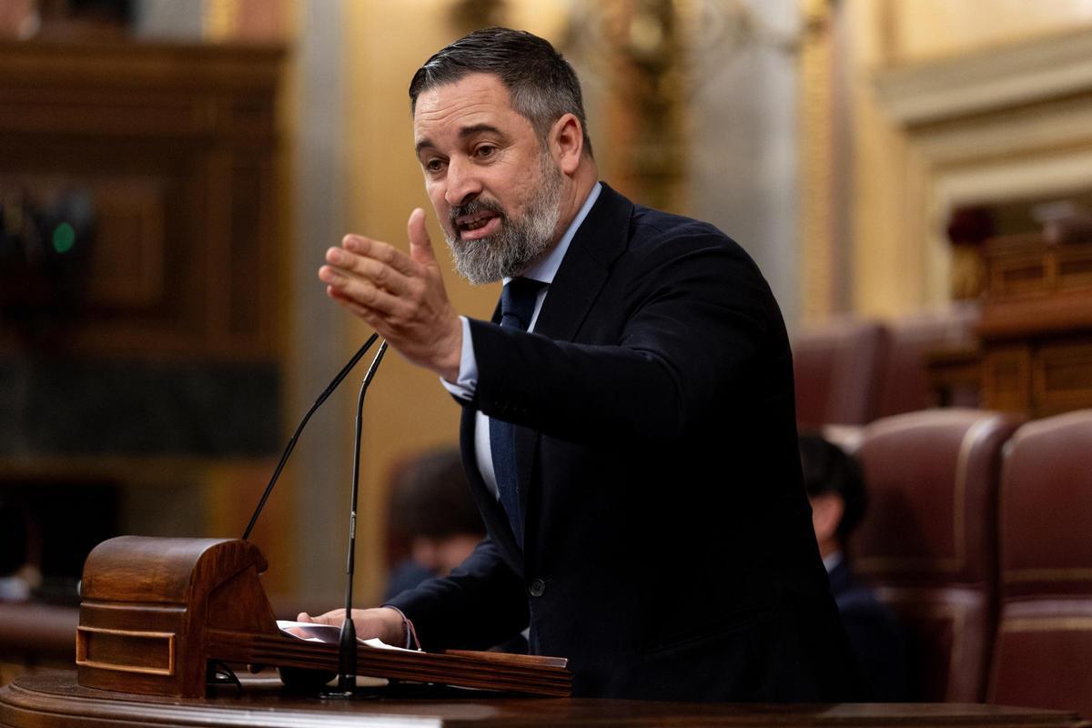 El presidente de VOX, Santiago Abascal, interviene durante una sesión plenaria en el Congreso de los Diputados, a 26 de marzo de 2025, en Madrid (España).