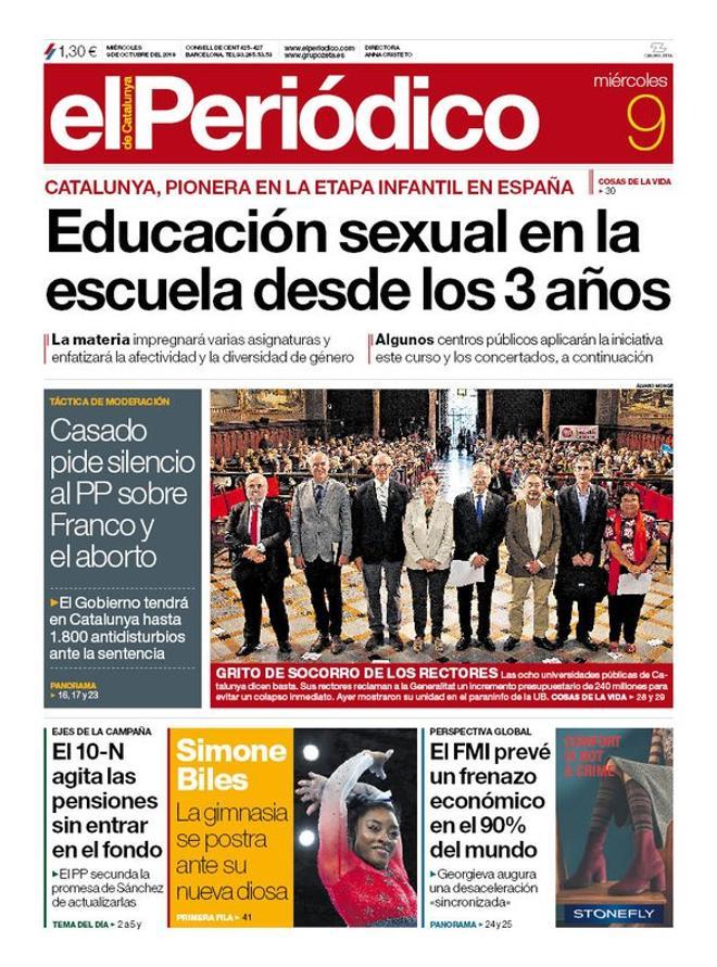 La portada de EL PERIÓDICO del 9 de octubre del 2019