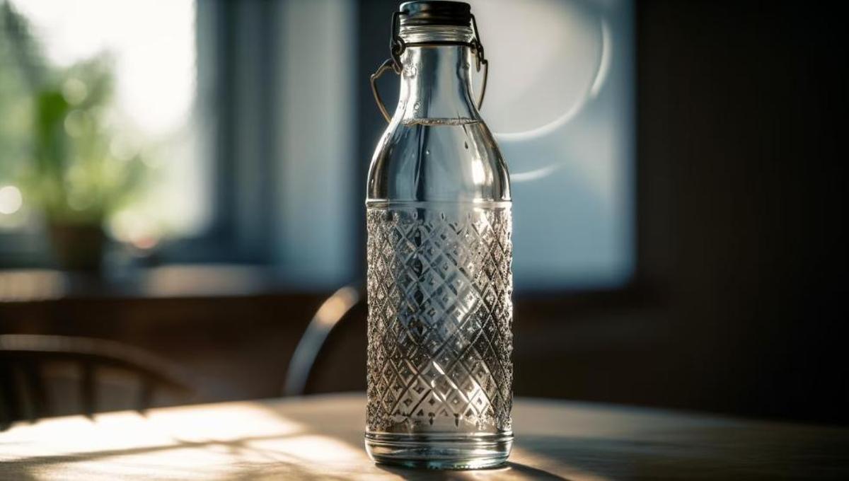 Una ampolla d'aigua de vidre a la tauleta de nit