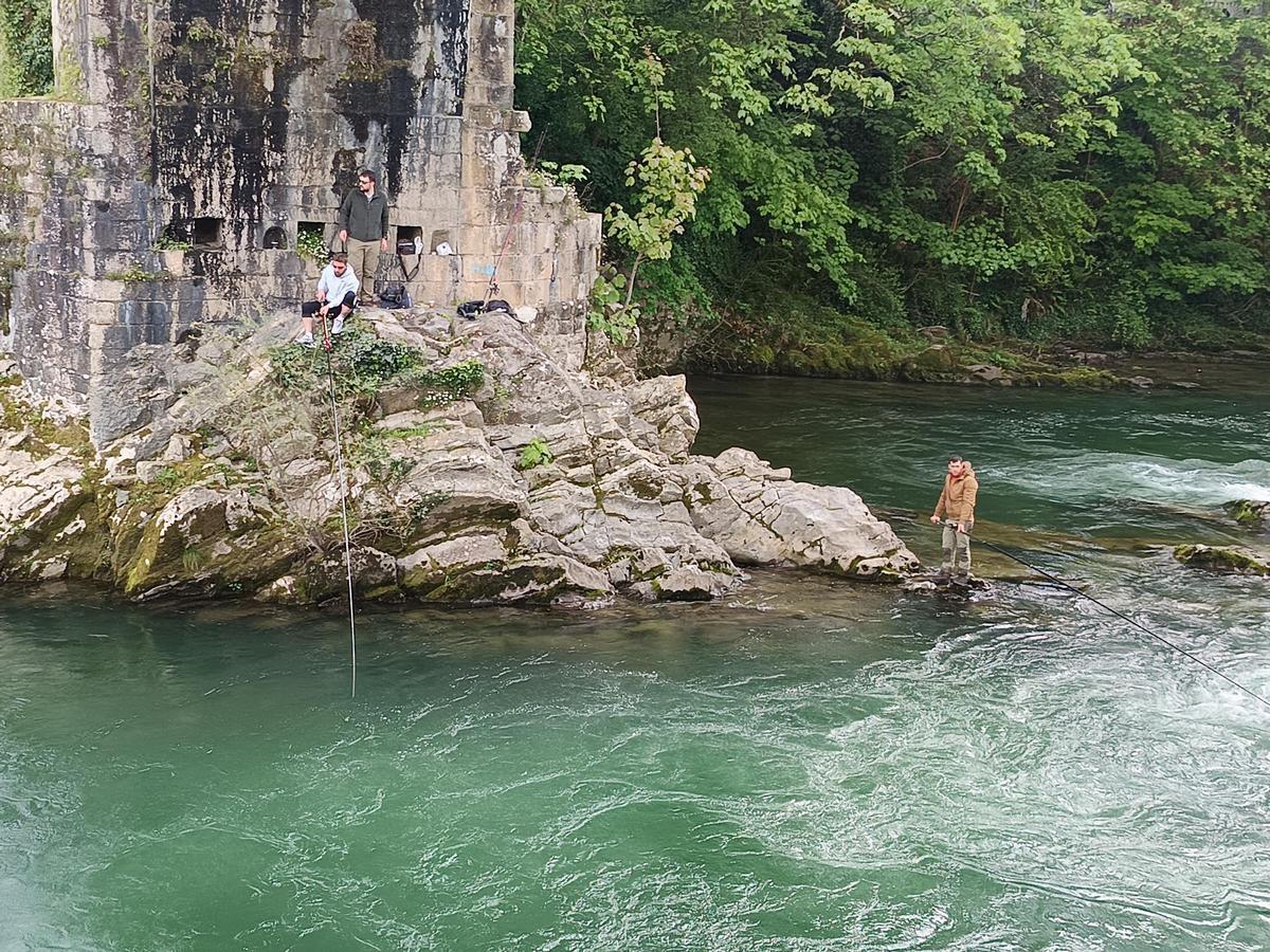 Varios pescadores, la temporada pasada, bajo el puente romano de Cangas de Onís.