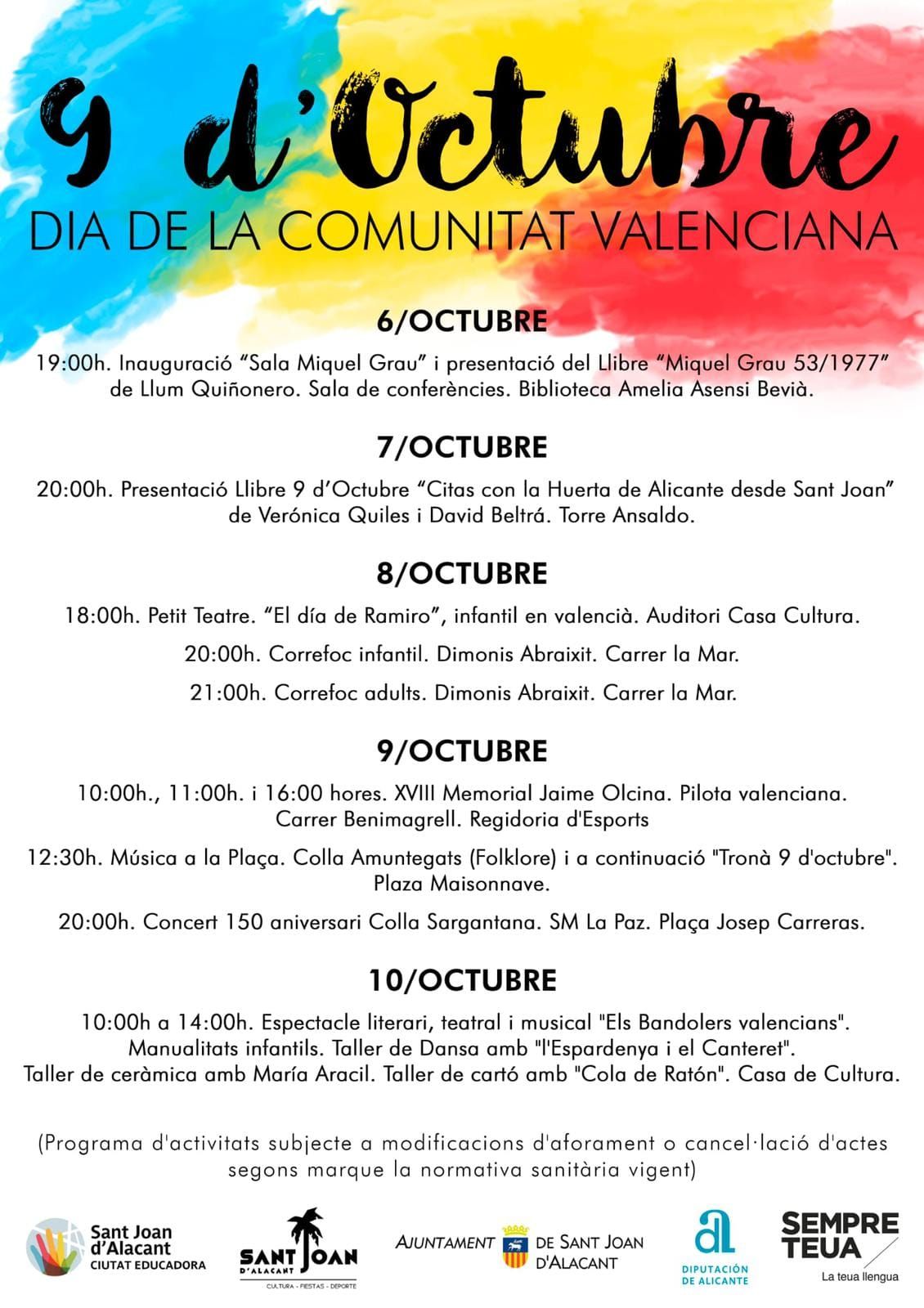 Cartel de actos de conmemoración del 9 d&#039;Octubre &quot;Dia de la Comunitat Valenciana&quot;