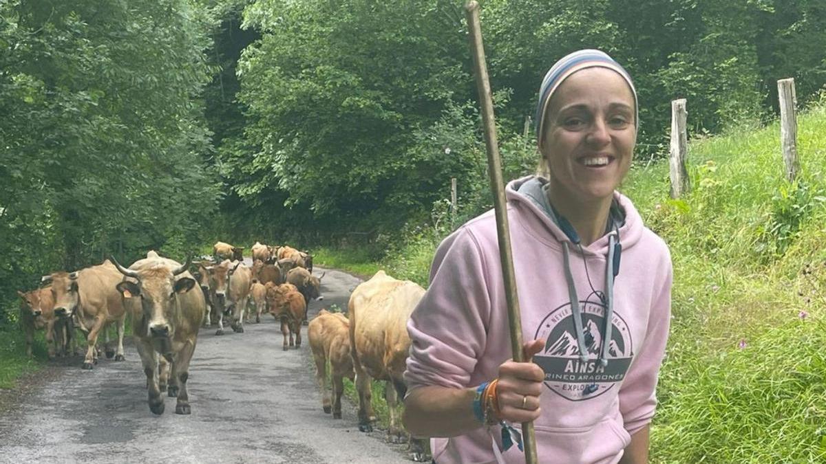 Lucía Velasco, al frente de sus vacas, subiendo  a los pastos de Cerreo, en Somiedo. | L. V.
