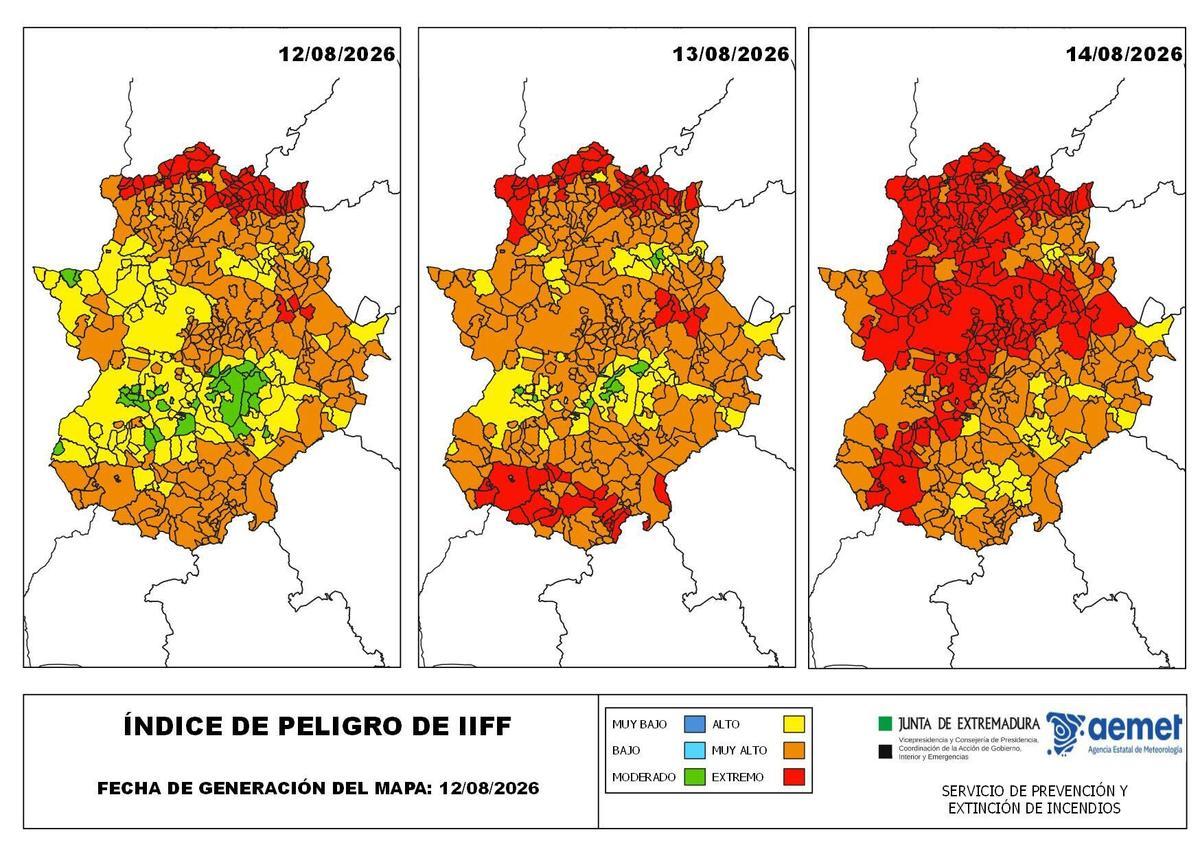 Mapa de riesgo de incendios para este miércoles y los próximos días.
