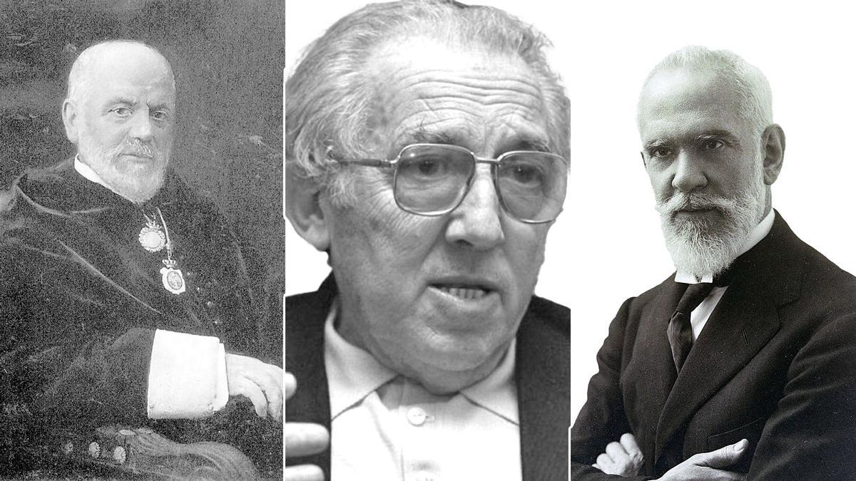 Por la izquierda, Fermín Canella, Gustavo Bueno y Rafael Altamira.