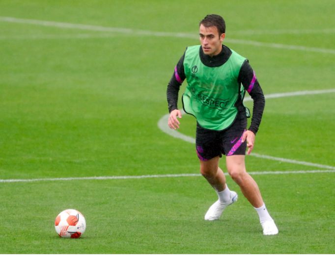 Eric García, en el último entrenamiento antes de recibir al Eintracht en el Camp Nou.