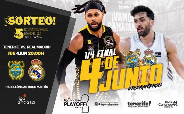EL DÍA sortea 5 entradas dobles para el 1º partido de los cuartos de final de la Liga Endesa entre La Laguna Tenerife y Real Madrid, el próximo 4 de junio a las 20:00 horas en el Pabellón Santiago Martín.