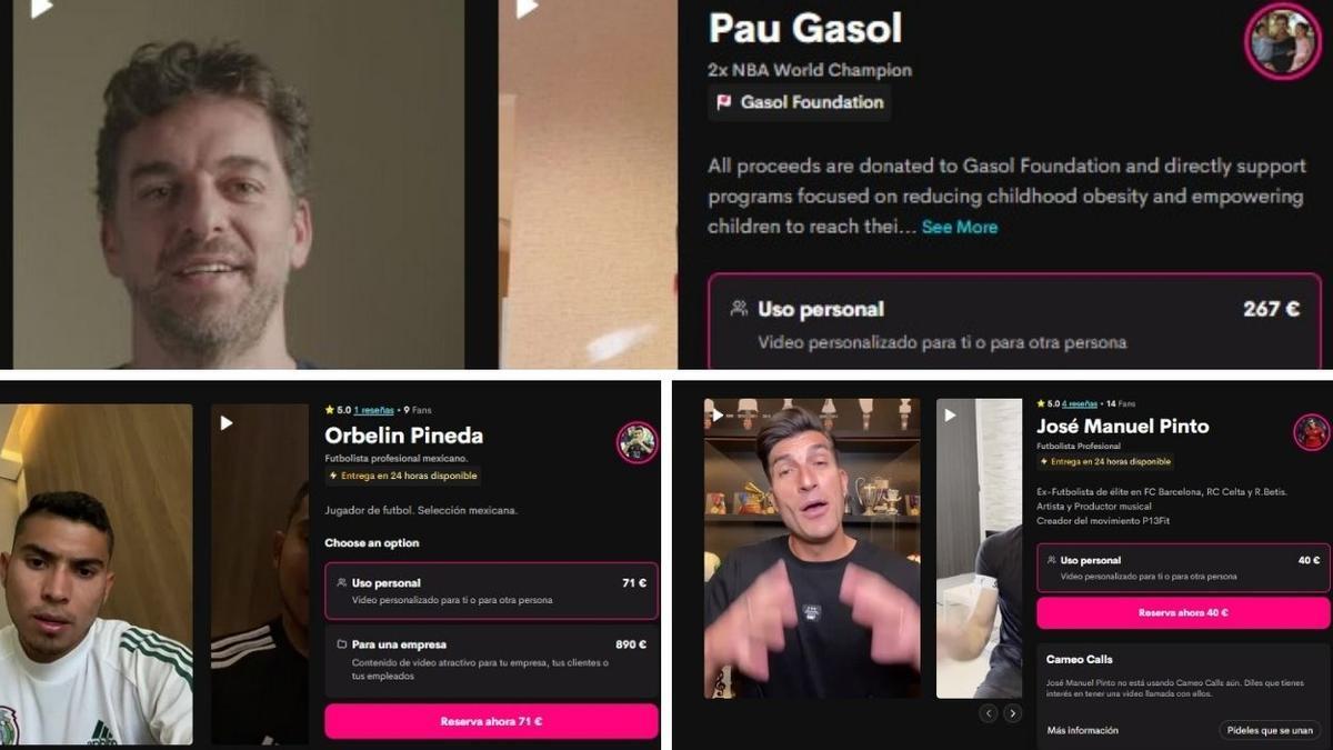 Pérfiles de Gasol, Pineda y Pinto en la plataforma &quot;cameo.com&quot;.