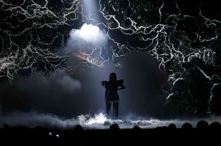 Singer Nina Sublatti representing Albania perform the song "Warrior" during the dress rehearsal for the first semifinal of the upcoming 60th annual Eurovision Song Contest In Vienna