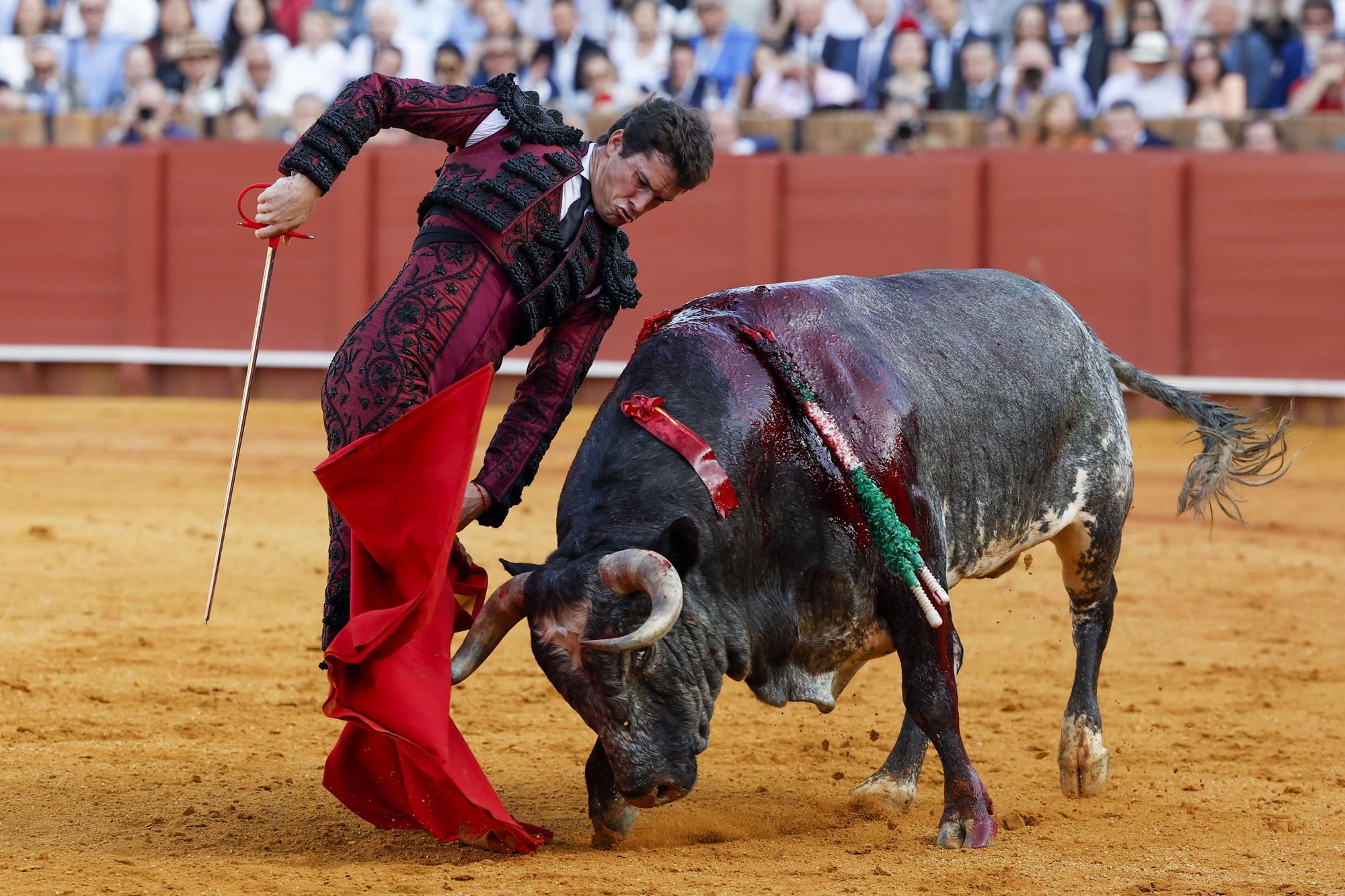 -FOTODELDÍA- SEVILLA, 17/04/2024.- El diestro Daniel Luque da un pase a su primer toro durante el festejo de la Feria de Abril celebrado este jueves en La Real Maestranza de Sevilla, con toros de La Quinta. EFE/Julio Muñoz