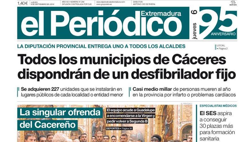 Esta es la portada de EL PERIÓDICO EXTREMADURA correspondiente al día 6 de septiembre del 2018