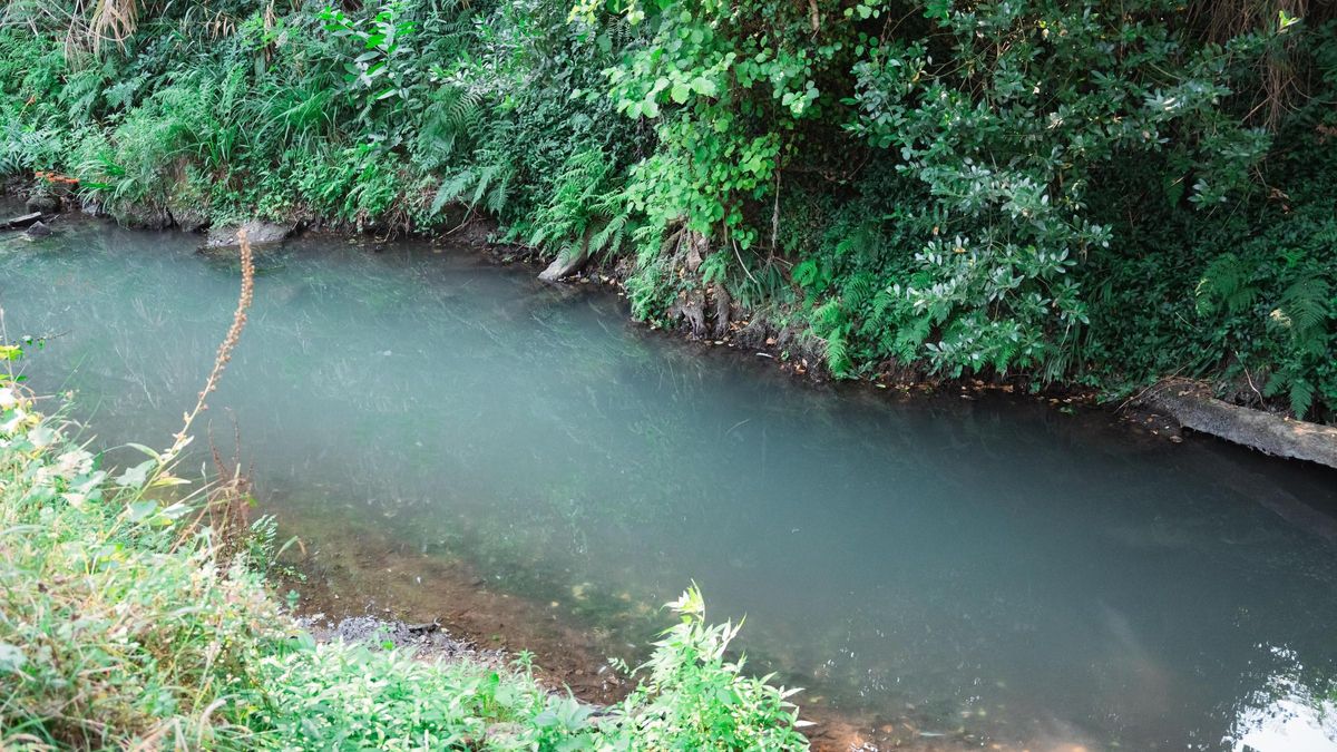 Un tramo del río Lagares de Vigo con el agua turbia por una avería en un tanque de tormentas.