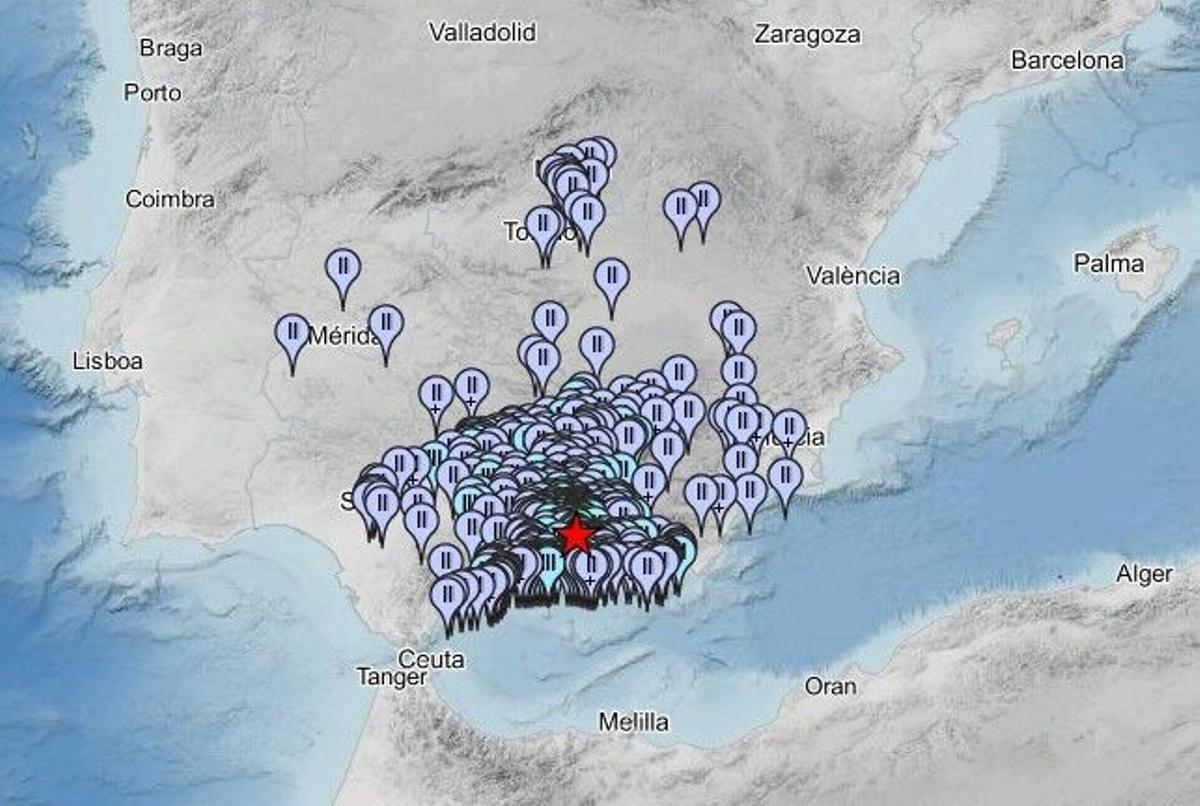 Mapa de intensidades del terremoto que se ha producido en la madrugada del sábado 15 de agosto de 2026.