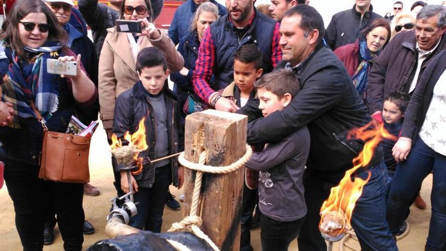 Varios niños prenden fuego a una bola de la carretilla durante el congreso de ayer en València.