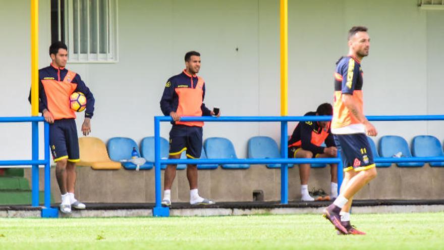 Viera y Araujo observan el partidillo del entrenamiento de la UD Las Palmas este martes.