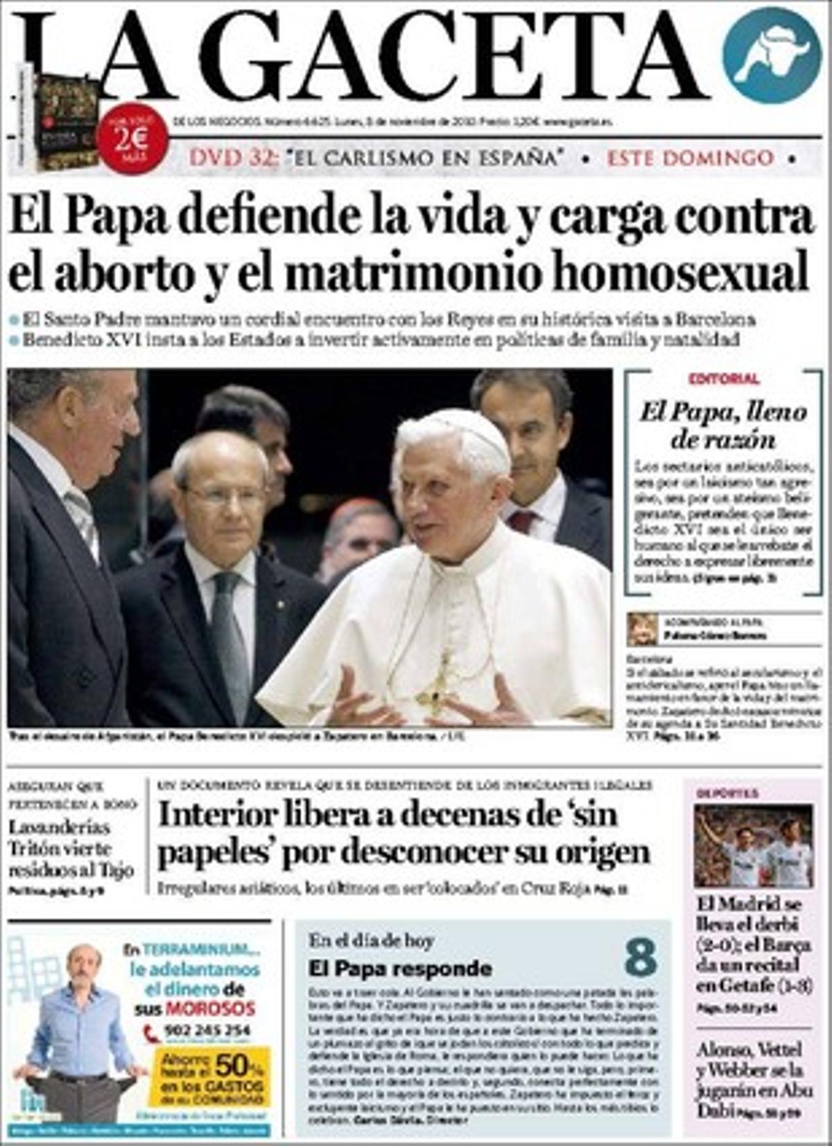 ’La Gaceta’ explica a dins que Mayor Oreja adverteix que ETA serà a les municipals; que la Generalitat abandona a la seva sort 21 immigrants sense papers a Tarragona: atén una ordre del Ministeri de l’Interior i els posa a les mans de la Creu Roja. També destaca que bancs i caixes comencen l’encariment dels diners que presten a les famílies.