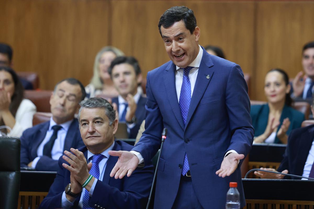El presidente de la Junta de Andalucía, Juanma Moreno interviene la sesión de control al Gobierno a 28 de septiembre de 2023, en Sevilla (Andalucía, España). Sesión de Control al Gobierno con preguntas de los grupos parlamentarios al presidente de la Junt El presidente de la Junta de Andalucía, Juanma Moreno interviene la sesión de control al Gobierno a 28 de septiembre de 2023, en Sevilla (Andalucía, España). Sesión de Control al Gobierno con preguntas de los grupos parlamentarios al presidente de la Junt