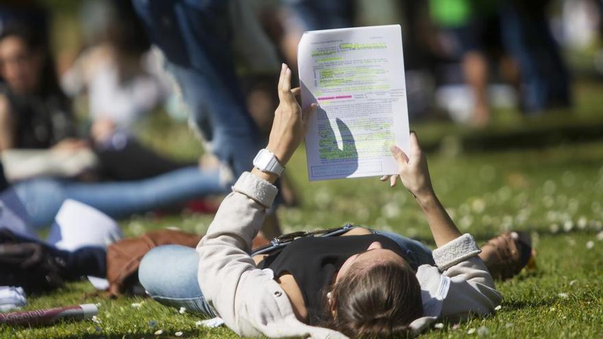 Una estudiante repasa los apuntes en un descanso de los exámenes de Selectividad.