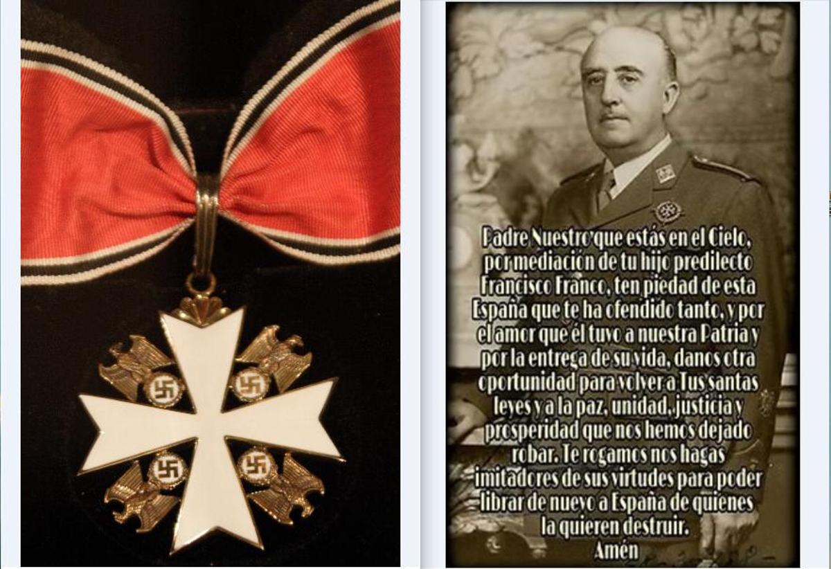 Cruz de la Orden del Águila d ela Alemania nazi concedida a Franco y estampa de oración de los promotores de su beatificación