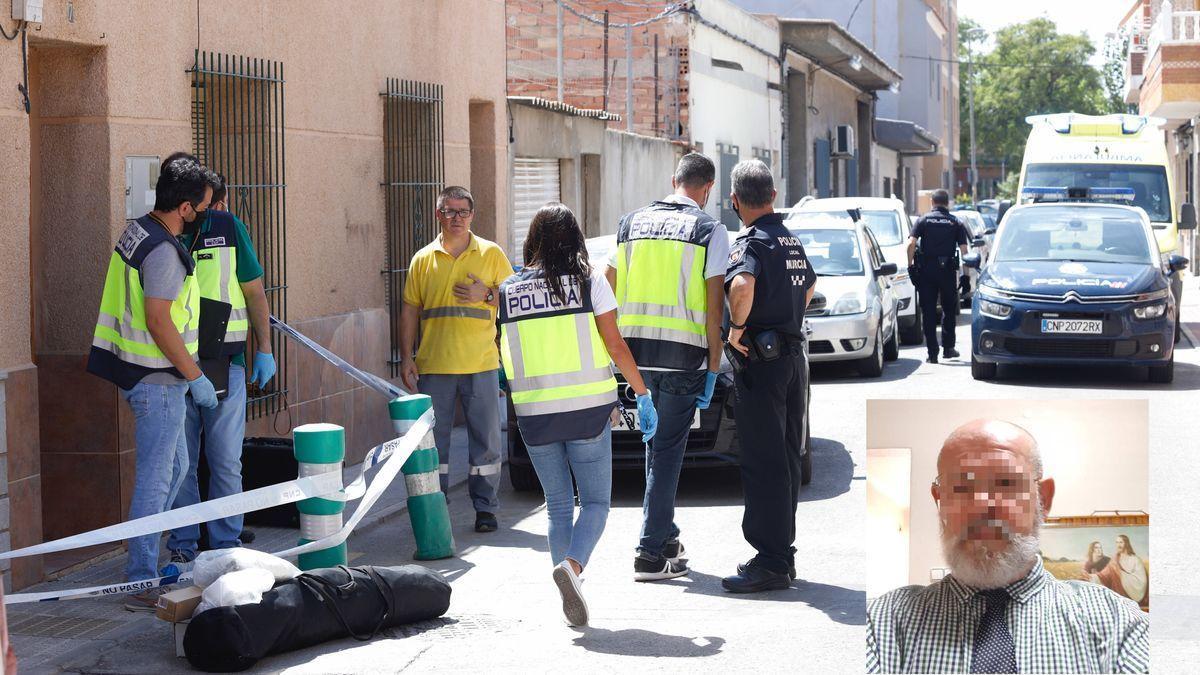Policías en la calle de Churra donde se produjo el crimen, en agosto de 2020; en la foto pequeña, Francisco. / Juan Carlos Caval