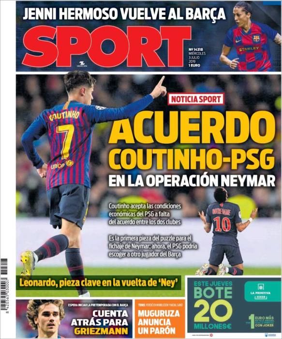 Portada SPORT miércoles 3 de julio de 2019