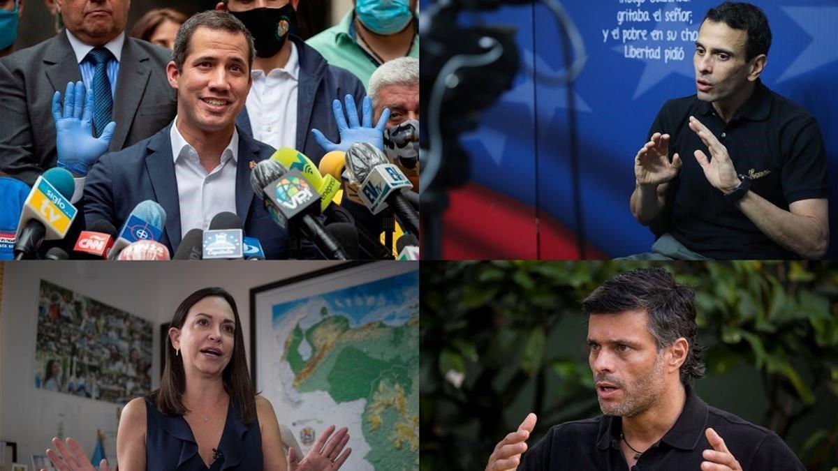 Combo de fotografía de los líderes opositores venezolanos Juan Guaidó, Henrique Capriles, María Corina Machado y Leopoldo López.