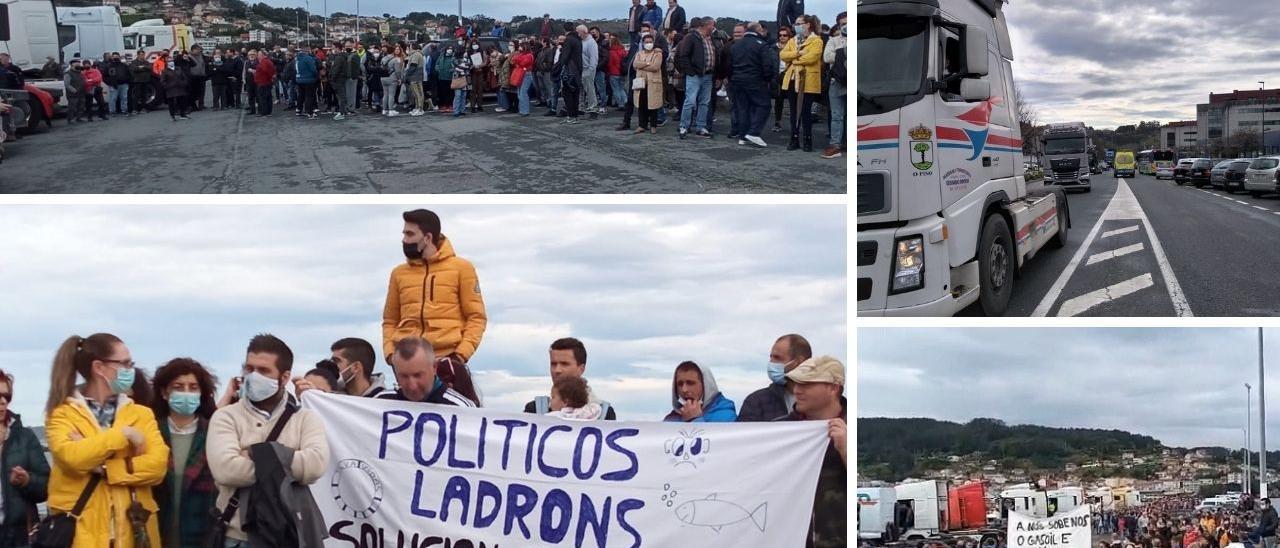 Protesta ensordecedora en Bueu: camioneros y marineros unen fuerzas