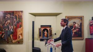 El ministro de Cultura, Ernest Urtasun, asiste al acto de restitución de obras incautadas y no devueltas por la dictadura franquista, en el Museo Diocesano de Arte Antiguo, a 9 de abril de 2026, en Sigüenza, Guadalajara, Castilla-La Mancha (España). Este