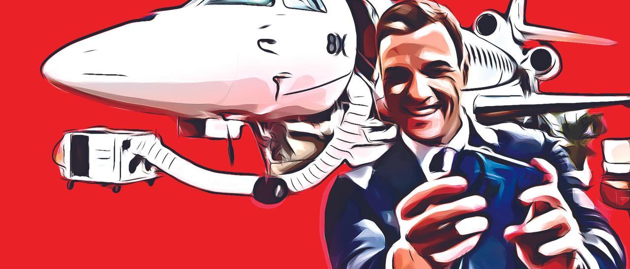 Ilustración de Pedro Sánchez y el Falcon.