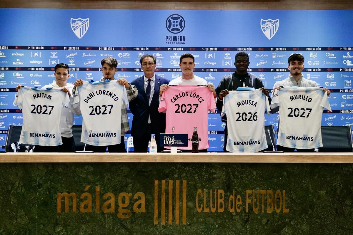 Presentación de Carlos López, Moussa, Murillo, Dani Lorenzo y Haitam, renovados con el Málaga CF